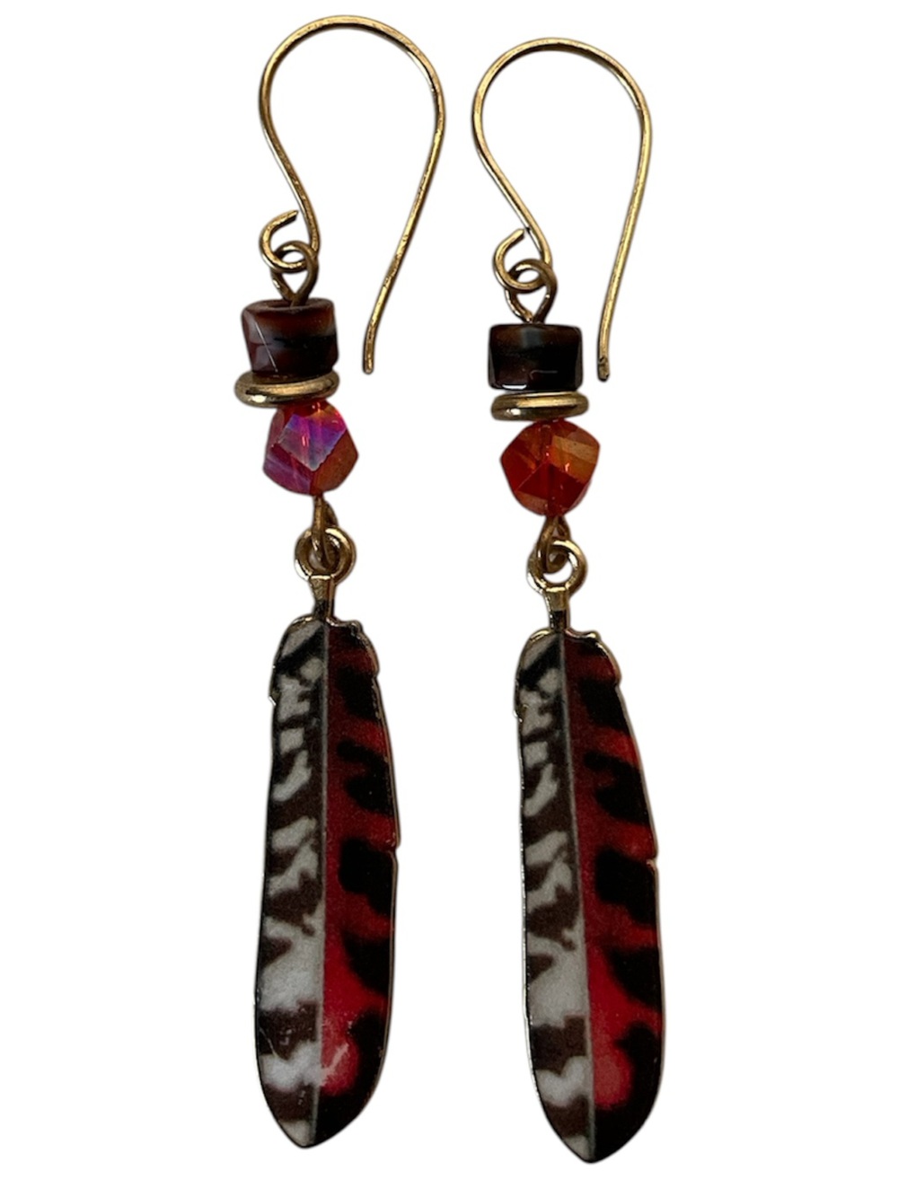 NWT Handmade Southwestern Gold Tone Feather Glass Bead Dangle Earrings Boho